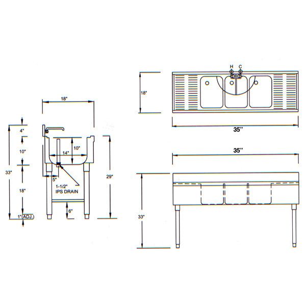 Stainless Steel Bar Sink   35   Three Compartment 845033002283  