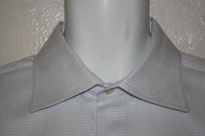 CORNELIANI 2011 WHITE FAINT BLUE CHECK COTTON DRESS SHIRT+FRENCH CUFFS 