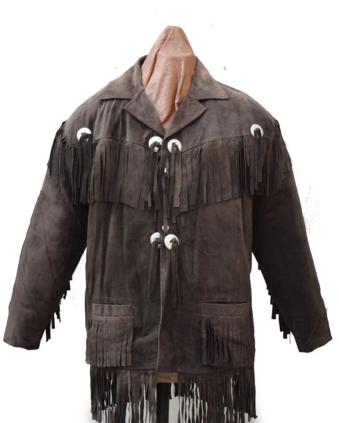 Mens Brown Cowboy Fringe Tassle Suede Leather Jacket  