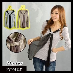 C447 Japan Fashion 2in1 Chiffon Scarf Tie Stripe Tee  