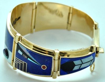 Navajo Multi Stone Inlay Bear 14k Gold Link/Cuff Bracelet   Julian 