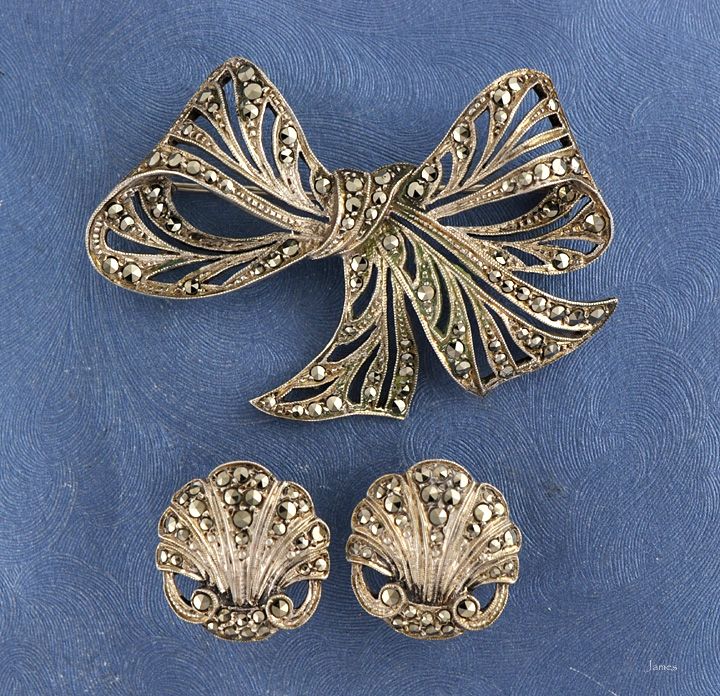 Czechoslovakian 835 Silver Marcasite Bow Pin Earrings  