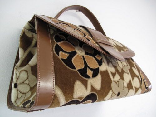  Purse Brown Leather w/ Floral Velvet  