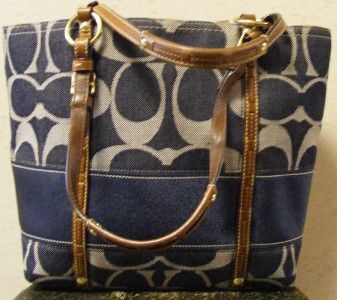 COACH HANDBAG SIGNATURE DENIM W LEATHER STRIPE TOTE BUCKET BAG EUC 