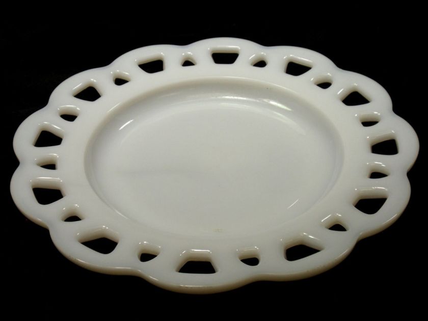 White Milk Glass Reticulated Pierced Border Shallow Dish Plate   FREE 