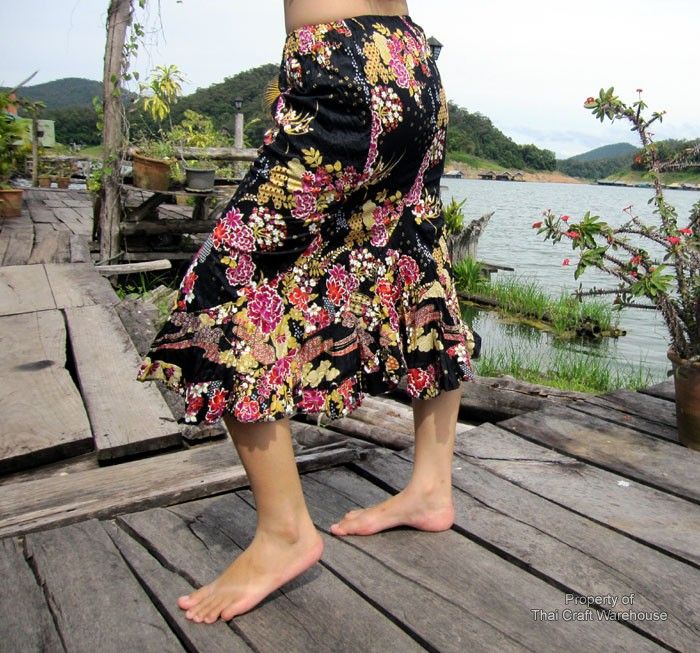 Ladies Hugging Free Flow Black Batik Floral Thai Skirt  