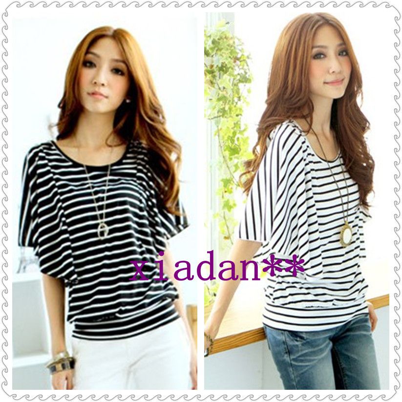 Fashion Womens Stripes Batwing Wave Sleeve LOOSE Casual T Shirt T 