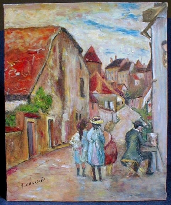 MODERN OIL PAINTING FRENCH CHILDREN WATCH TOWN PAINTER  