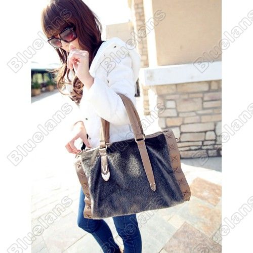 Hot Faux Mink Fur Boston Bag Tote Satchel Bag Handbag Shoulder Bag 