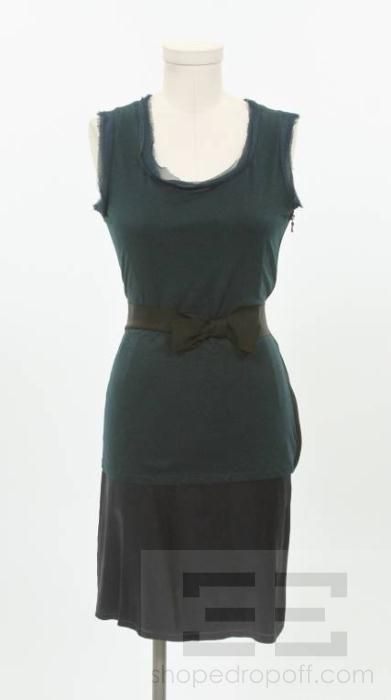 Lanvin Navy Satin & Deep Teal Knit Grosgrain Bow Dress Size XS  