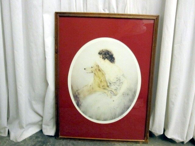   Louis Icart French Art Deco Drawing of Lady & Dog w Mat & Frame  