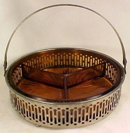 AMBER DEPRESSION GLASS CANDY DISH in CHROME BASKET  