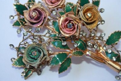 Vintage Spectacular Large Hattie Carnegie 4.3 Enameled Roses & Stones 