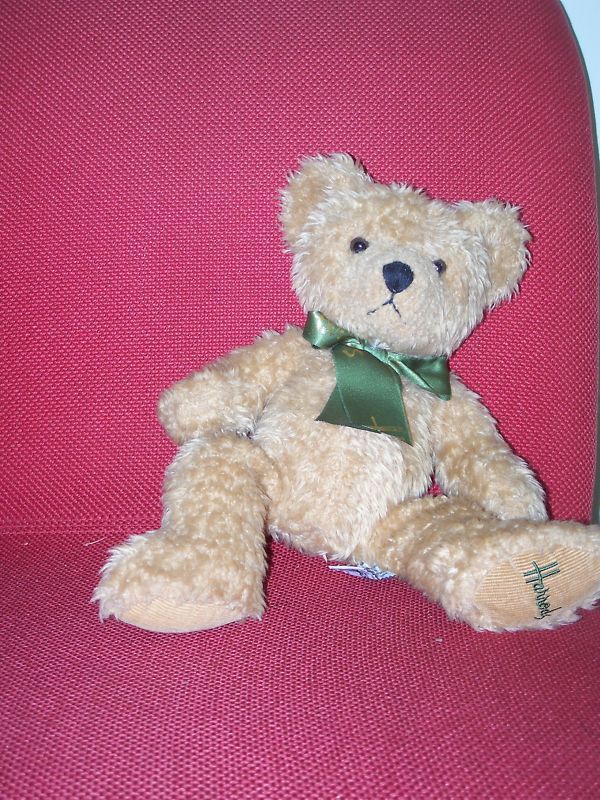 HARRODS BEAR   13 poseable light brown w green ribbon  