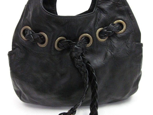 KOOBA Black Leather Grommet Woven Ginger Hobo Handbag  