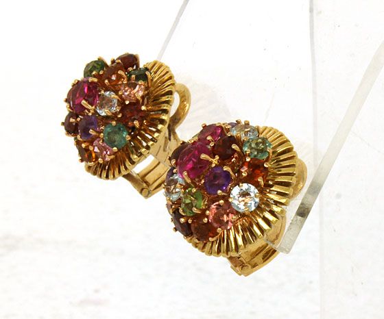 RETRO SET 18K GOLD & GEMS LADIES EARRINGS PIN BROOCH  