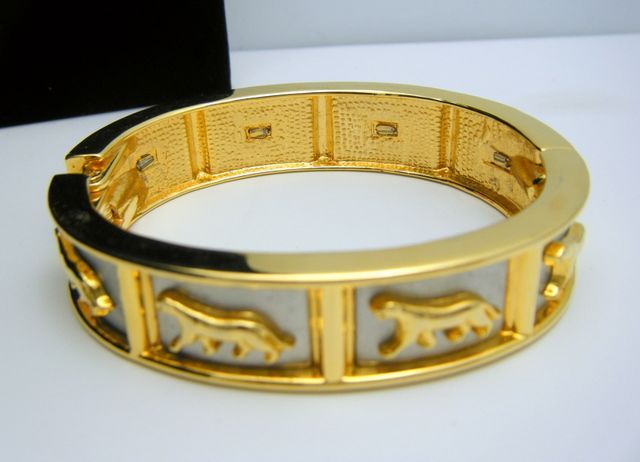   Hinged Bangle Bracelet Goldtone Lions Panthers Grey Enamel  