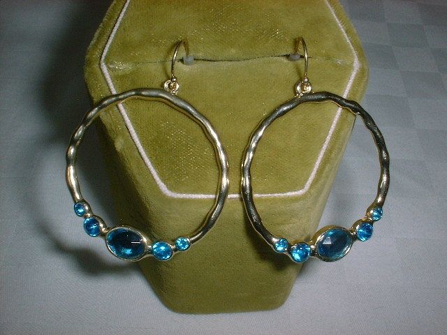 Fluid Circle Hoops Dangle GOLD Earrings TURQUOISE Gems  