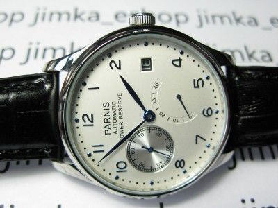 PARNIS WHITE DIAL AUTOMATIC POWER RESERVE BLUE MARKINGS  