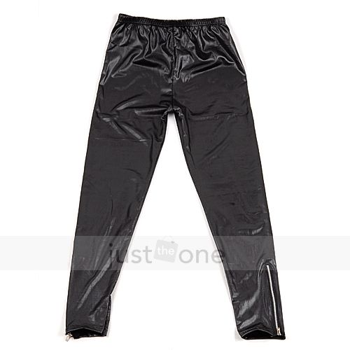 smooth PU Leather Metallic Zipper Leggings Tight Pants  