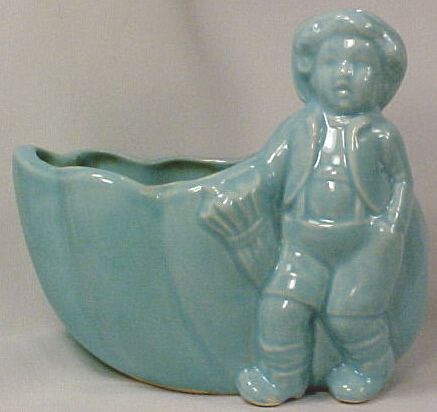 1940s LITTLE BOY w SEASHELL & BROOM ART POTTERY PLANTER  