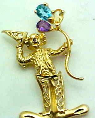 MOVABLE 14K GOLD GEMSTONE CLOWN NECKLACE PIN  