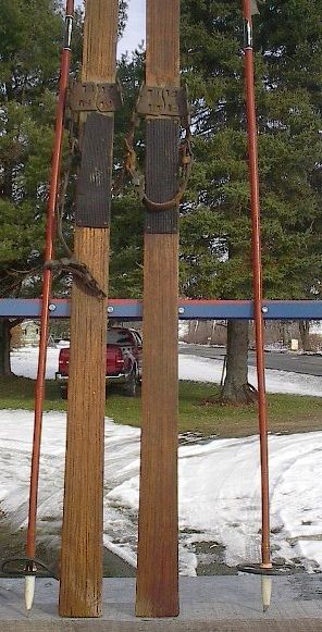 VINTAGE Wooden Skis 85 Skiis POINTS + Bamboo Ski Poles  