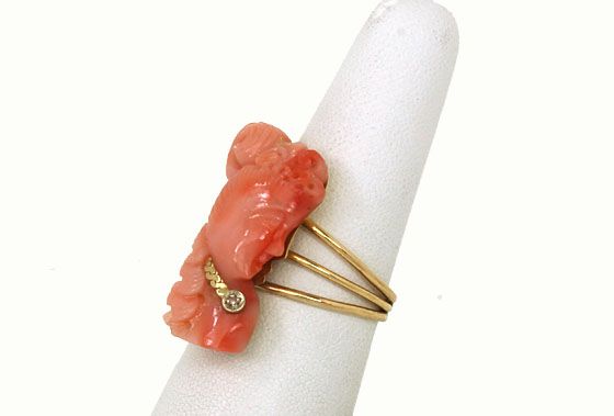 VINTAGE ART NOUVEAU 14K GOLD CORAL CAMEO DIAMOND RING  