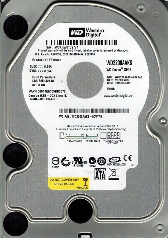 WESTERN DIGITAL 320GB WD3200AAKS 00VYA0 DCM HBRCHTJCBN 738981006376 