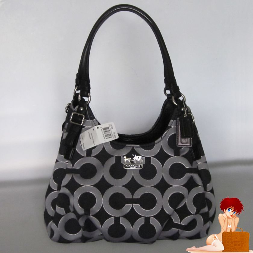 New Auth Coach Madison Op Art Lurex Maggie Shoulder Bag Gunmetal 