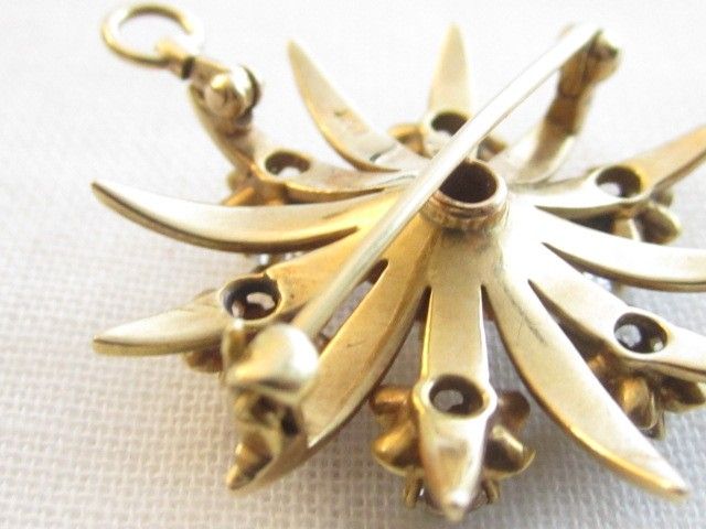   Victorian Old 14k Solid Gold Starburst Pin Brooch Pendant*Clear Stones