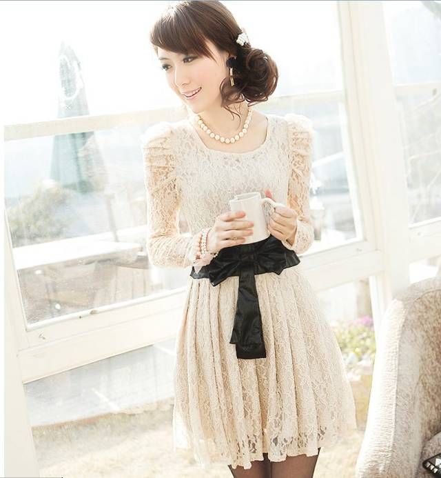 CREW NECK PUFF SLEEVE BACKSIDE ZIPPER LACE DRESS 1829  