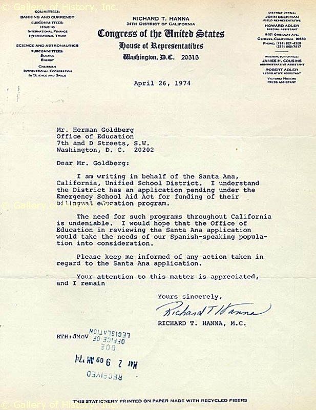 RICHARD T. HANNA   TYPED LETTER SIGNED 04/26/1974  