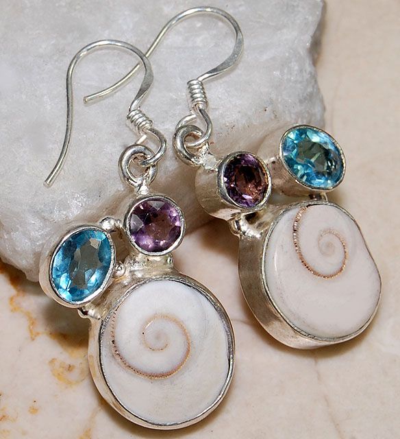 10ct Shiva Shell,Blue Topaz,Amethyst & 925 Solid sterling silver 