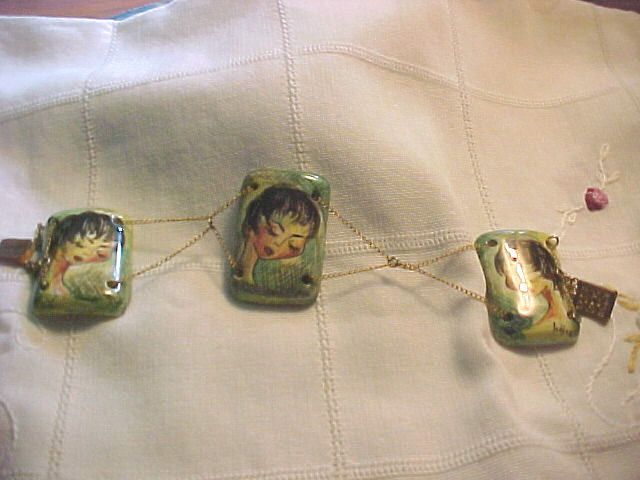 Unique Vintage Hand Painted Tile Bracelet Signed  