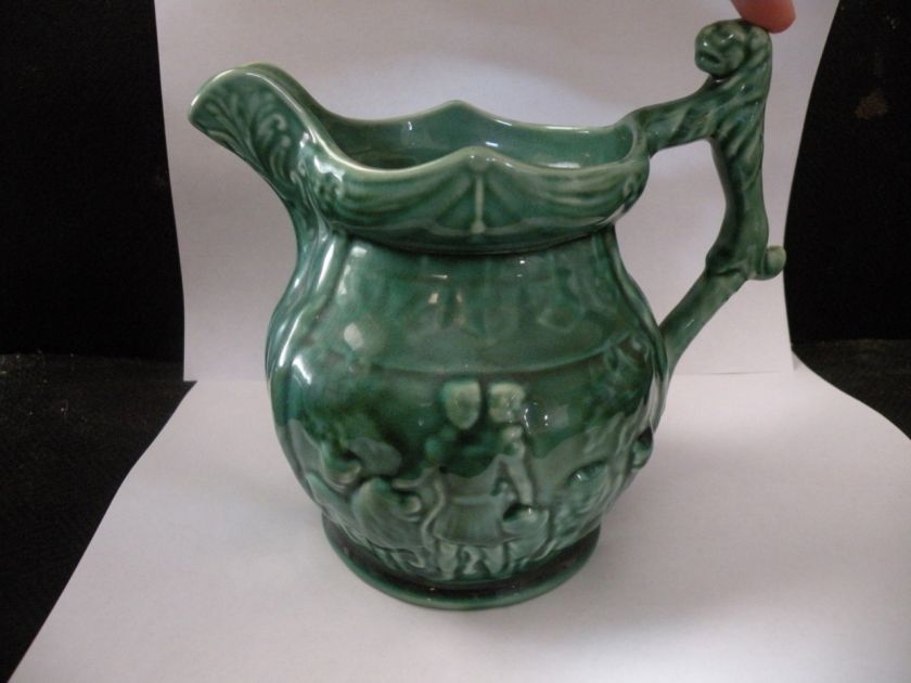 ANTIQUE SIGNED WOOD MAJOLICA POTTERY PITCHER W LIONS  