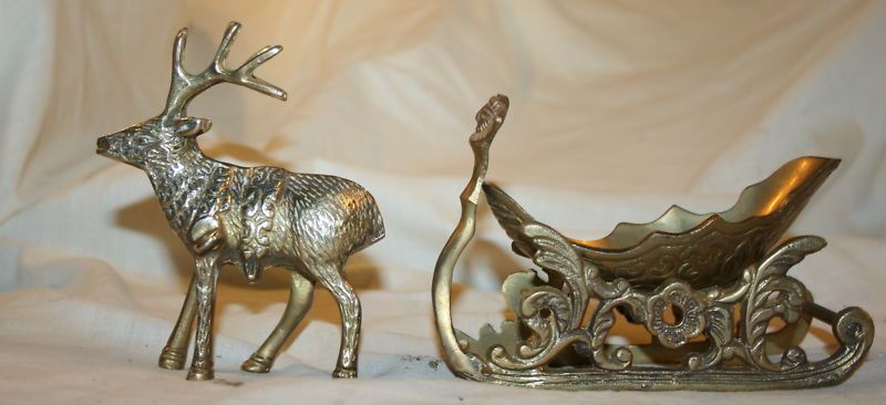 BRASS RAINDEER AND SLEIGH THREE PIECE SET  