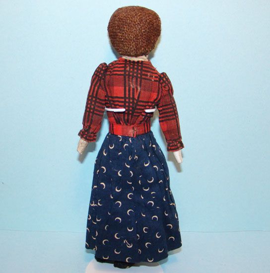 19thC Antique Miniature Child Church Rag Cloth Doll in Blue Calico 
