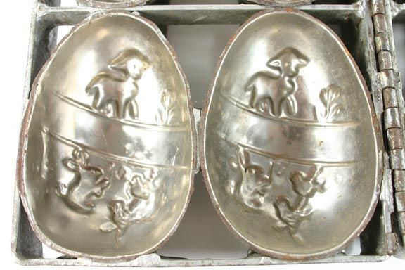 ANTIQUE EASTER EGG, BUNNY, LAMB HINGED CHOCOLATE MOLD  