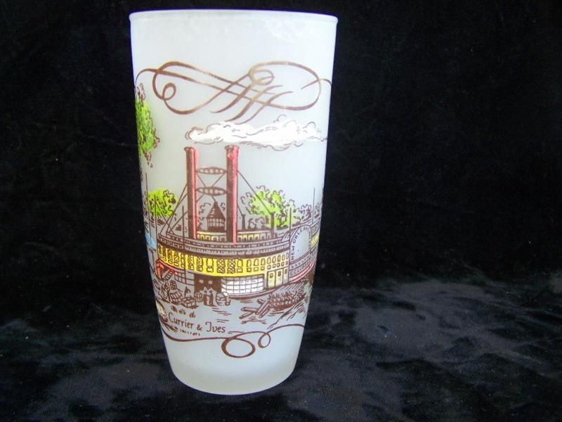 Currier and Ives Steamboat Scene Frosted Glass Tumbler  