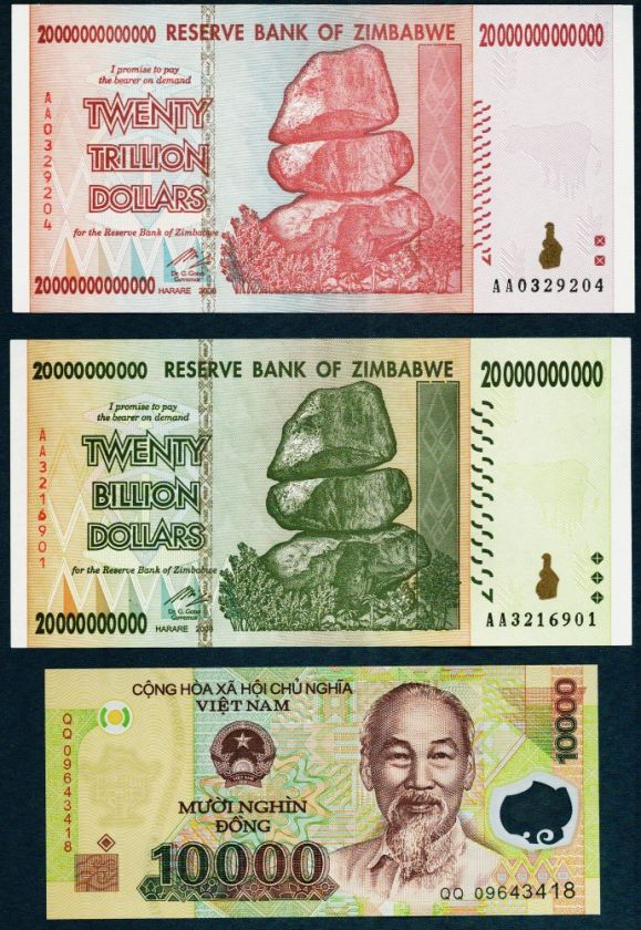 20 TRILLION & 20 BILLION ZIMBABWE DOLLARS + 10000 VIETNAM DONG  