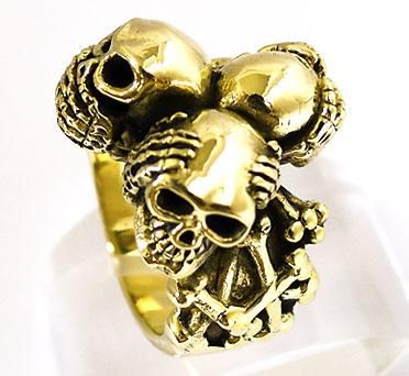 BIG THREE WISE MONKEY SKULL GOLD BRASS MENS RING 11.5  