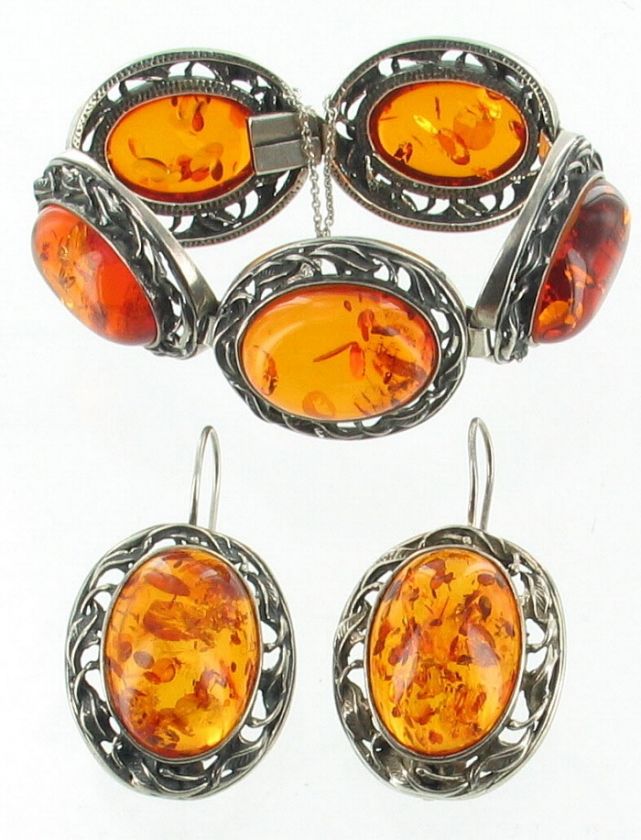 ANTIQUE NOUVEAU STERLING AMBER LEAF LINK BRACELET EARRINGS SET 