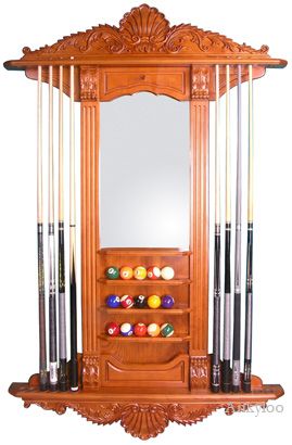 Wood Pool Table/Billiard Cue/Wall Rack Honey w/Mirror  