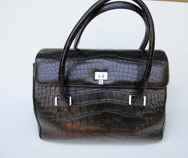 LAMBERTSON TRUEX Black Crocodile Box Car Handbag Auth  