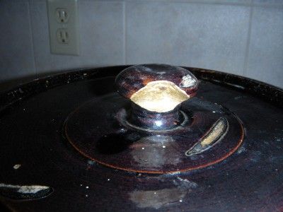 VINTAGE LIDDED POTTERY CROCK WITH LID DARK BROWN GLAZE  