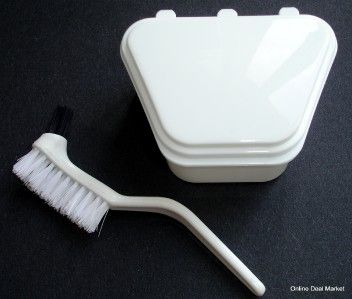 White DENTURE RETAINER Bath & Brush Set CLEANING CUP  