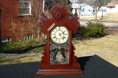   Antique Waterbury Shelf Mantle Parlor Clock Original Painted Glass VGC