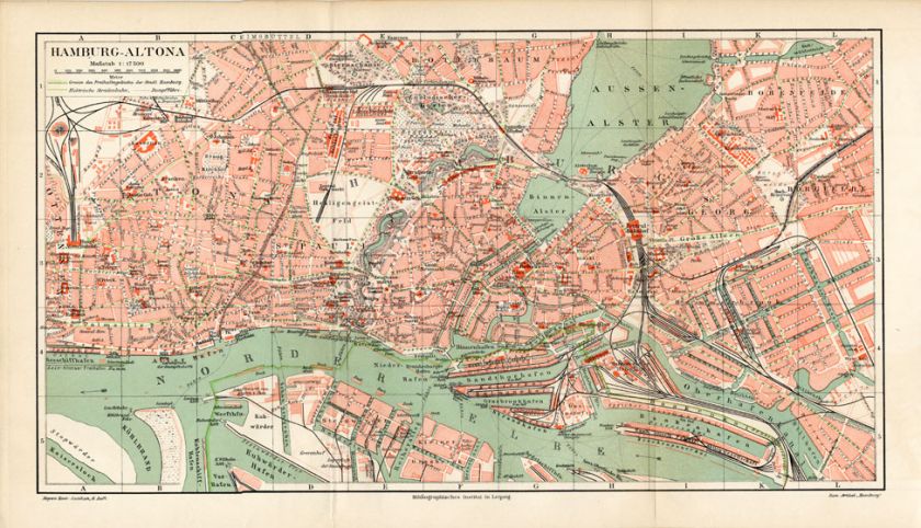 Antique Map HAMBURG ALTONA GERMANY Meyers 1895  