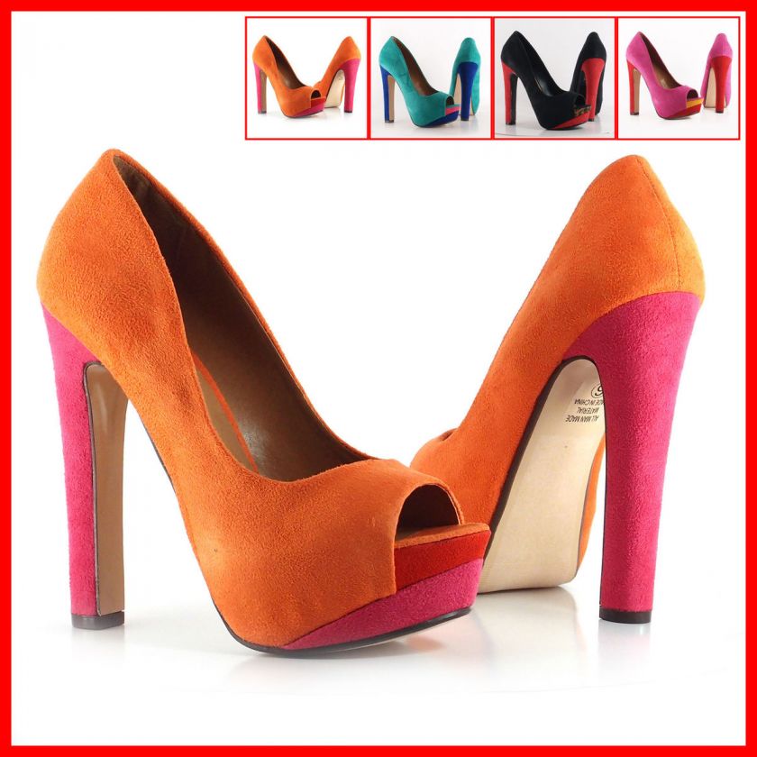 Rainer Coral/Fuchsia Open Toe Platform Pump, Chunky Heel & Color Block 